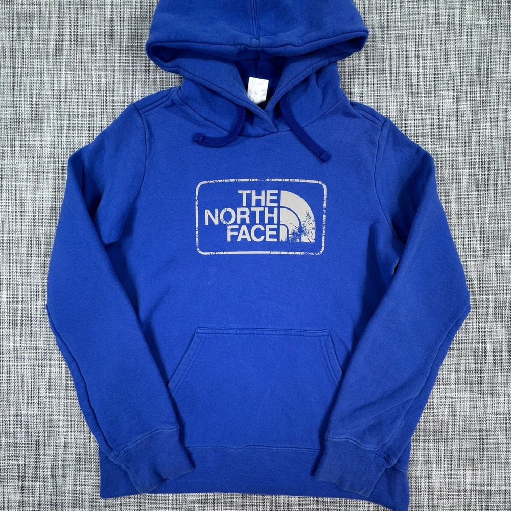 The North Face Womens Medium Hoodie Blue Box Logo Cotton Blend Fleece Pullover